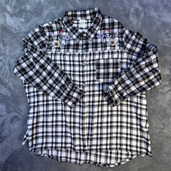 Blair Womens 2XL Plaid Flannel Shirt Floral Embroidered Western Boho Fall Top - Picture 2 of 12